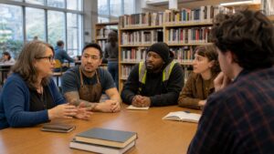 Residents with different occupations testing political assumptions during a discussion in a public library