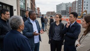 Residents and construction workers discussing public policy during a neighborhood tour