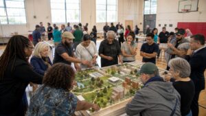 Residents and local officials jointly rearranging a neighborhood model during a participatory planning workshop