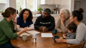 Neighbors from different generations discussing community needs around a kitchen table