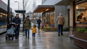 Families using childcare and transit while an older resident approaches a neighborhood clinic