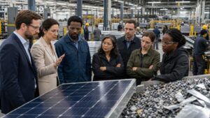 Workers and inspectors examining production and recycling inside a solar manufacturing facility