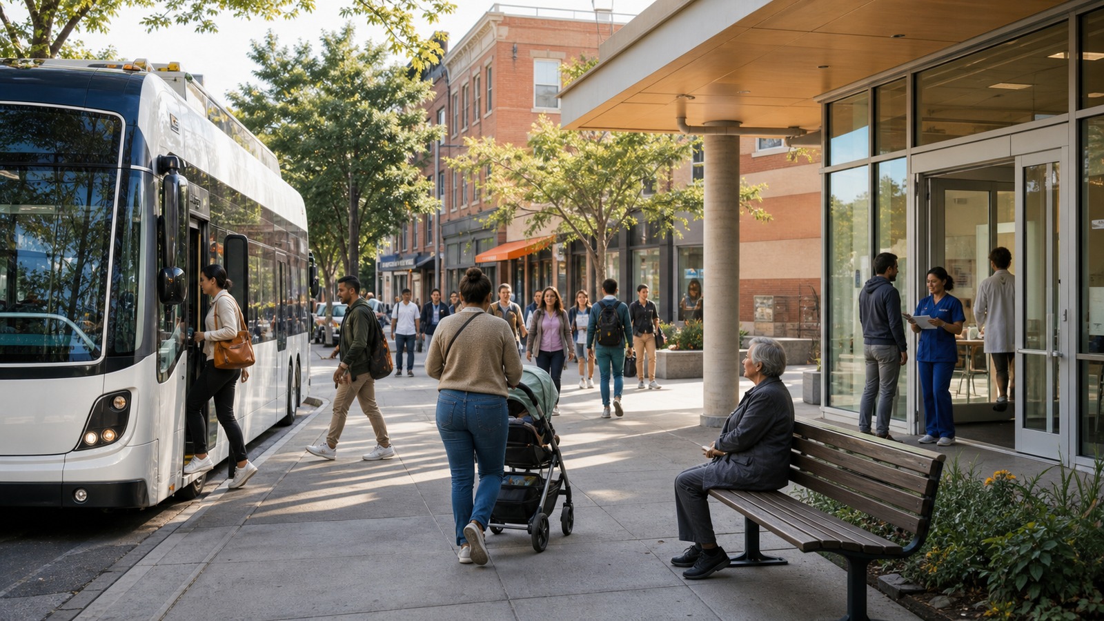Residents using public transit and a neighborhood clinic beside active independent shops