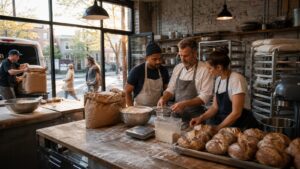 A bakery owner and employees preparing bread together as a supplier unloads ingredients