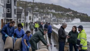 Residents and emergency crews participating in a coastal resilience exercise