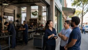 Workers collaborating inside an employee-owned repair workshop on a commercial street
