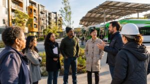 Residents and engineers touring a clean-energy transit project beside new housing