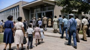 Families, workers, and civil-rights advocates entering a newly opened public library and health clinic