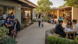 Nurses, teachers, trainees, parents, and children using a shared community services campus
