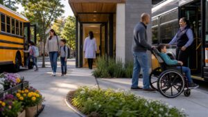 Family walking through a neighborhood served by transit, schools, clinics, and public spaces