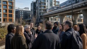 Two civic planning teams evaluating different transit redevelopment approaches