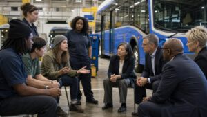 Transit workers, civic advocates, managers, and public negotiators meeting inside a bus depot