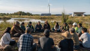 Indigenous leaders, workers, farmers, and planners meeting beside restored wetlands and renewable energy