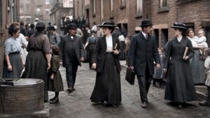 Early twentieth-century reformers walking through a crowded brick industrial neighborhood