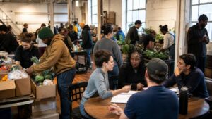 Community organizers coordinating relief, labor support, and climate resilience inside a warehouse