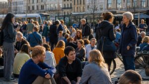 People from varied backgrounds holding small civic conversations in a transit-connected public square