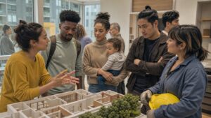 Young adults discussing housing, childcare, and skilled work around an architectural model